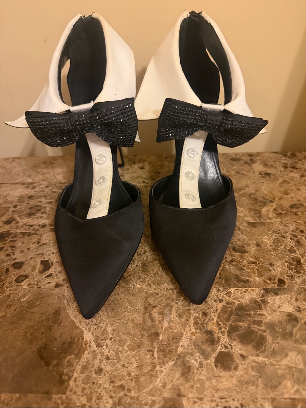 Katy Perry Collections Black & White Pointed Toe Tuxedo heels w/ Embellished Bow